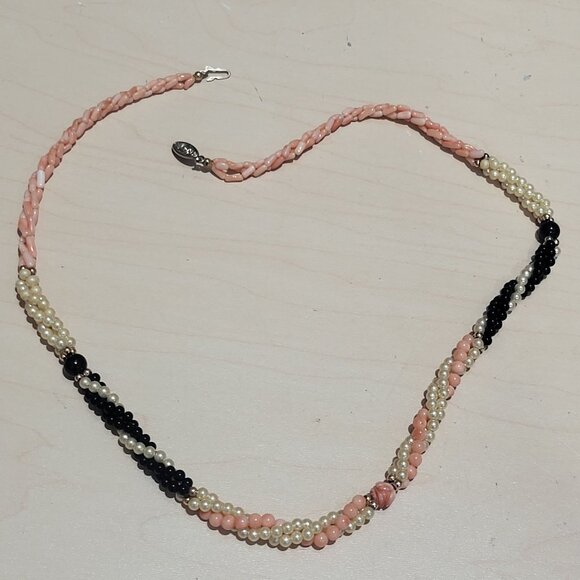 Multi Strand Beads Necklace Two Twisted Strands Pink Black White Beads - Picture 9 of 10